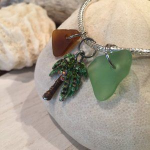 Green & Brown Sea Glass Bracelet with Palm Tree